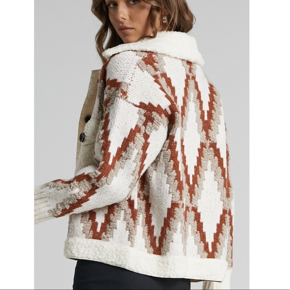 New Geo Print Knit Teddy Coat Jacket Aztec Button Up Cardigan - Picture 2 of 6
